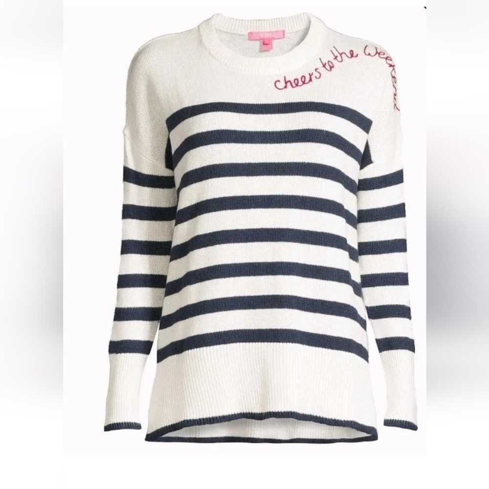 Lilly Pulitzer Cable Knit Sweater Low Tide Navy Stripe Cheers To The Weekend XS